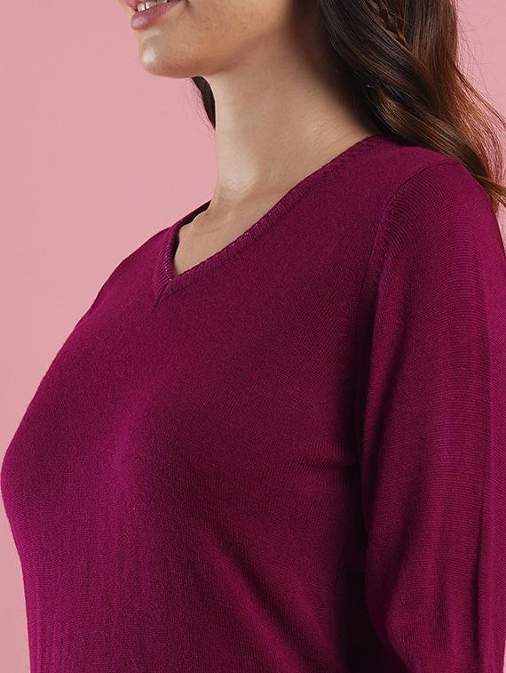 globus women pink v-neck self design ribbed hem flat knitted pullover - 21486194 - Standard Image - 4