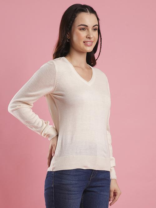 globus women off white v-neck self design ribbed hem flat knitted pullover - 21486195 -  Standard Image - 0