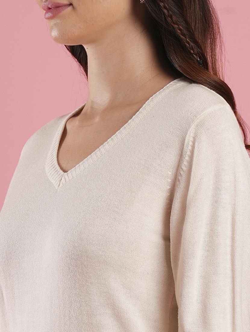 globus women off white v-neck self design ribbed hem flat knitted pullover - 21486195 - Standard Image - 4