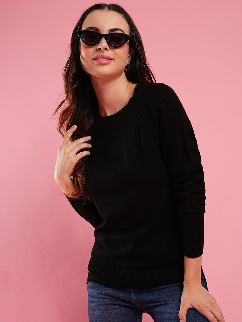 globus women black round neck raglan sleeves ribbed high low hem flat knitted pullover - 21486196 -  Standard Image - 1