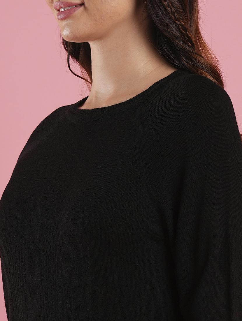 globus women black round neck raglan sleeves ribbed high low hem flat knitted pullover - 21486196 - Standard Image - 4
