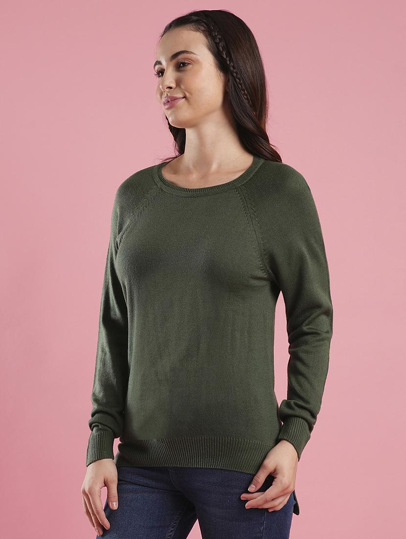 women's green round neck raglan sleeves ribbed high low hem flat knitted pullover - 21486197 -  Zoom Image - 0