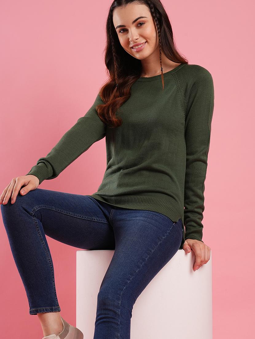 women's green round neck raglan sleeves ribbed high low hem flat knitted pullover - 21486197 -  Standard Image - 1