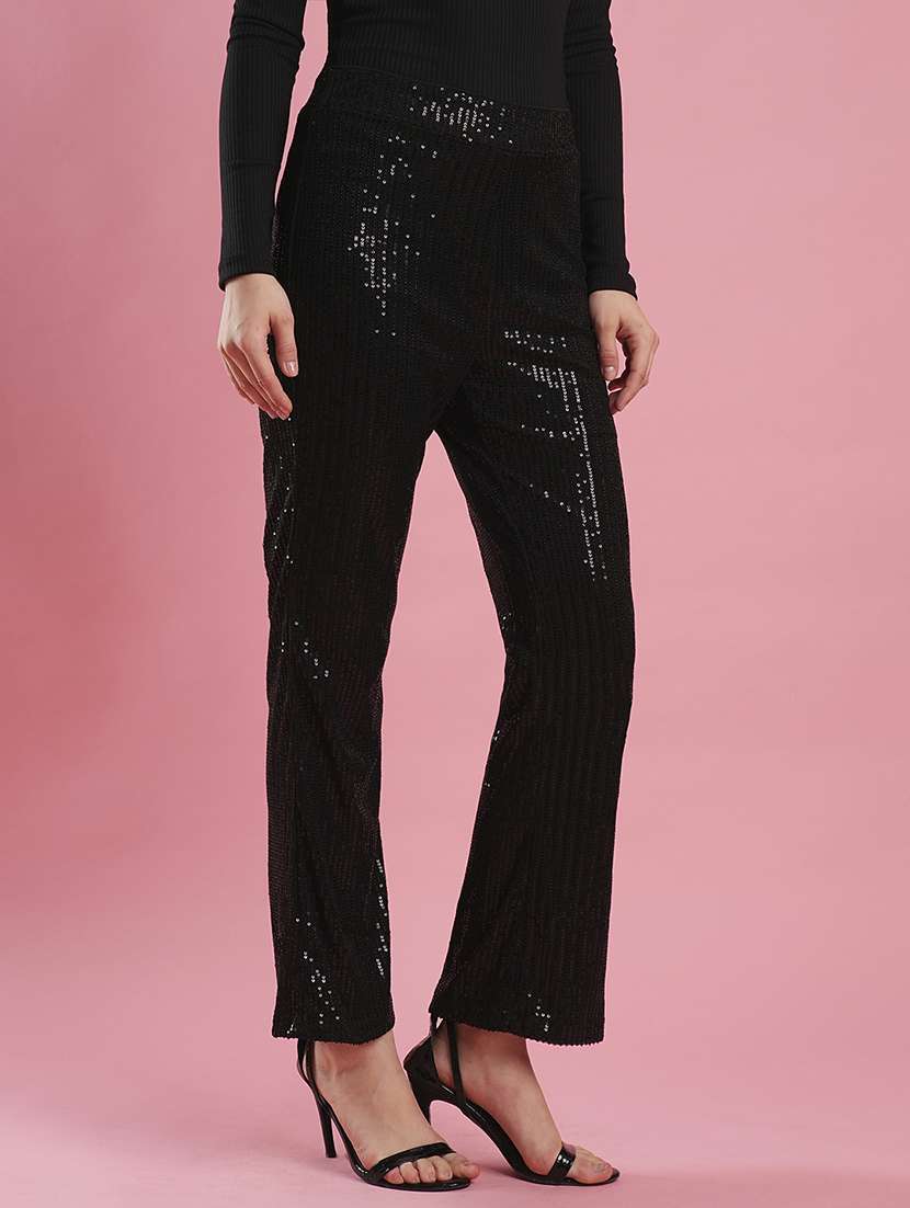 globus women black sequinnned  mid rise flared hem boot cut party trouser - 21486199 -  Standard Image - 1