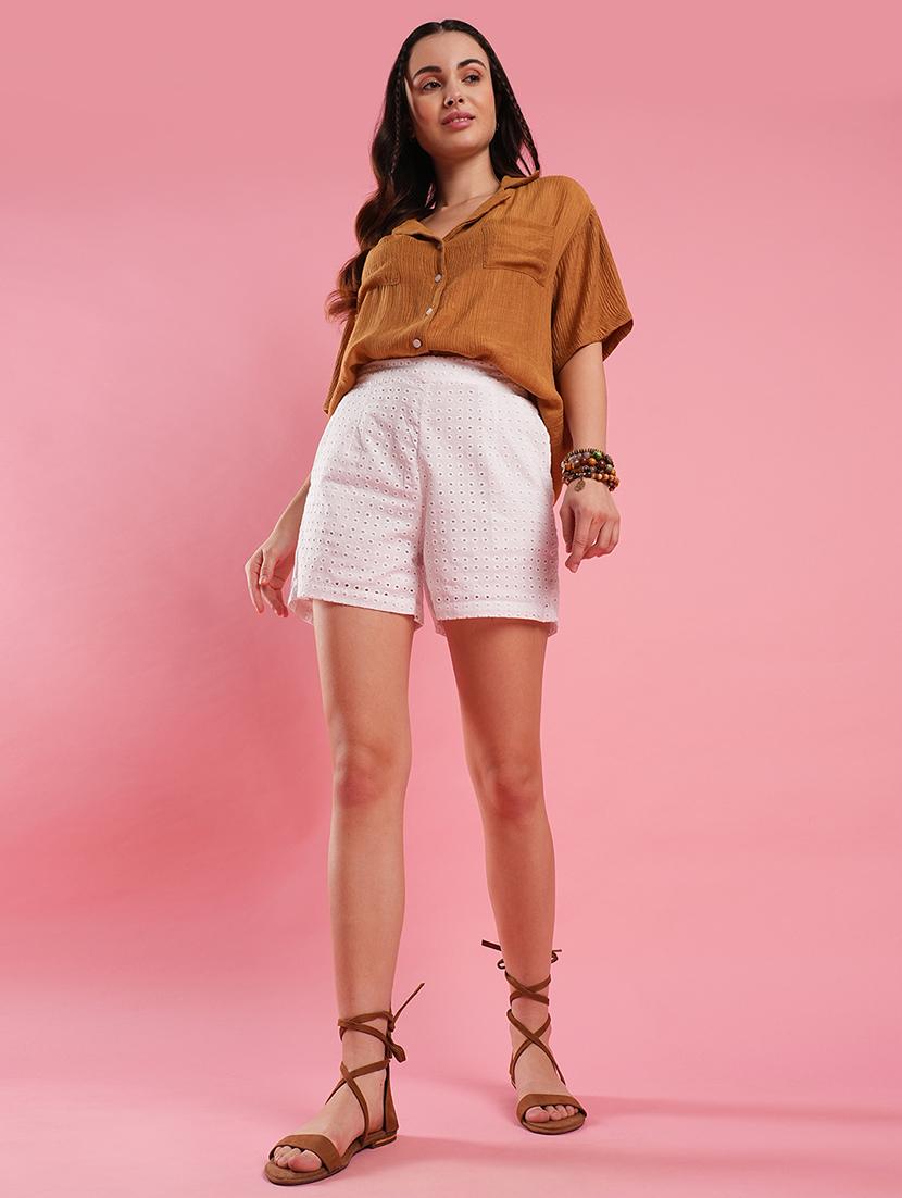 women's white cotton schiffli mid rise partially elasticated mini short - 21486201 - Standard Image - 4