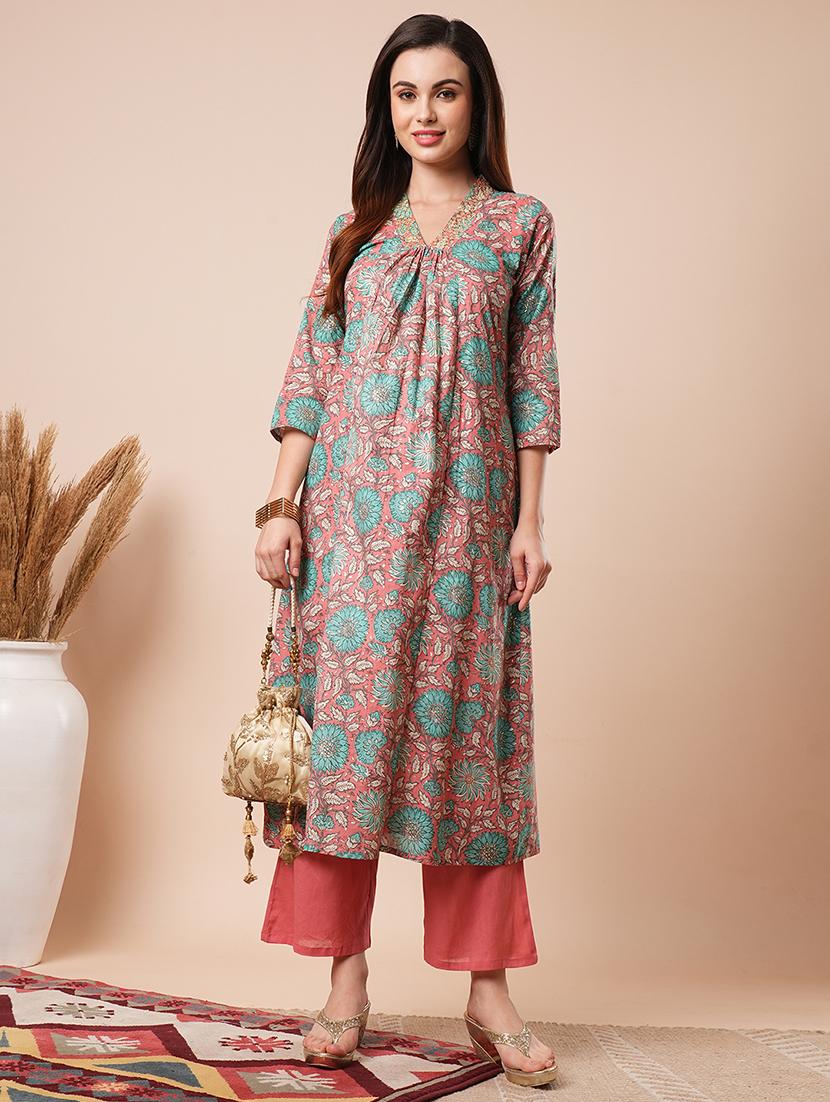 globus women red v-neck floral printed a-line workwear kurta with elasticated pants