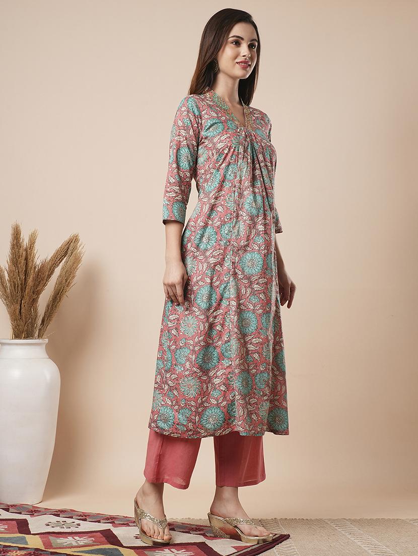 globus women red v-neck floral printed a-line workwear kurta with elasticated pants - 21486213 - Standard Image - 1