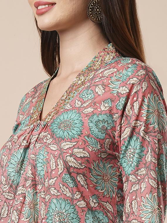 globus women red v-neck floral printed a-line workwear kurta with elasticated pants - 21486213 - Standard Image - 4