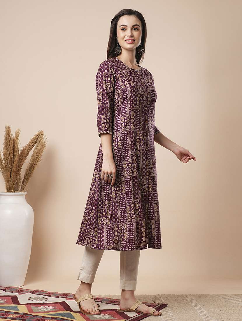 women's purple thread work neck floral printed button down a-line workwear kurta - 21486226 -  Standard Image - 1