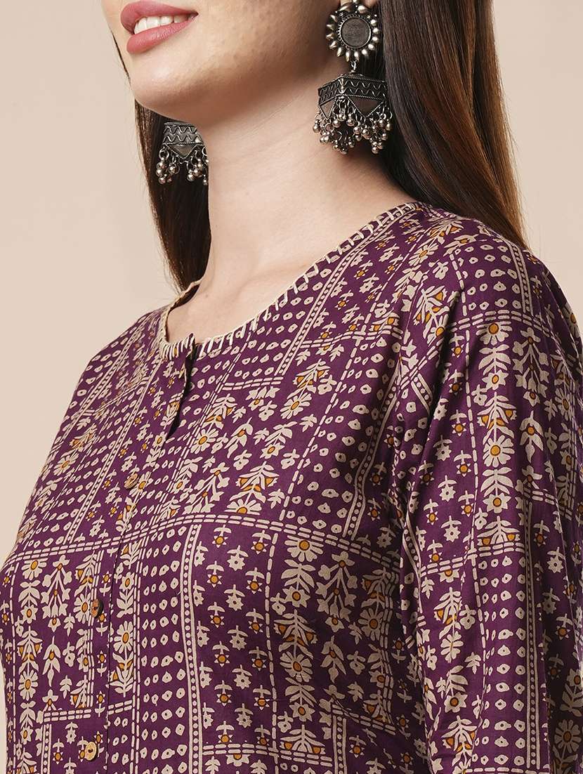 women's purple thread work neck floral printed button down a-line workwear kurta - 21486226 -  Standard Image - 4