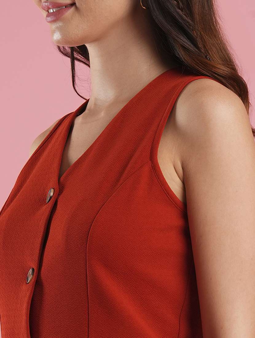 globus women rust v-neck big button front opening top & partially elasticated shorts co-ord set - 21486227 -  Standard Image - 4