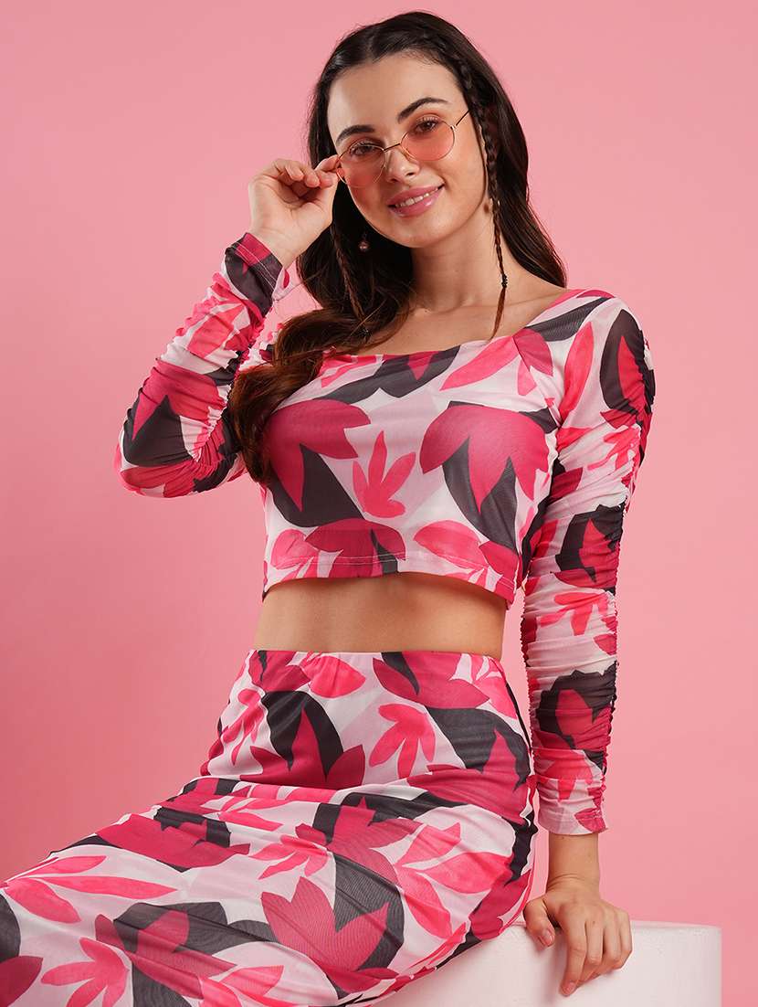 women's multi colour floral print sqaure neck crop top & calf length pencil skirt co-ord set