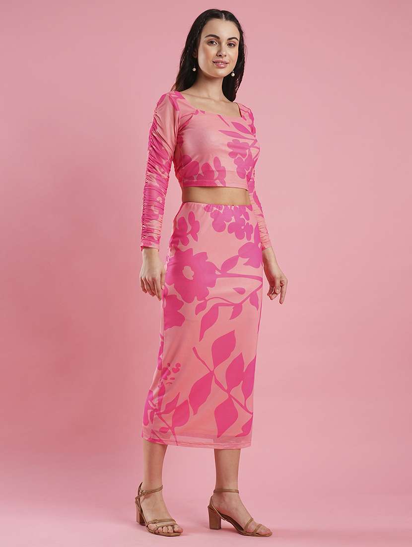 women's pink floral print sqaure neck crop top & calf length pencil skirt co-ord set - 21486236 -  Standard Image - 1