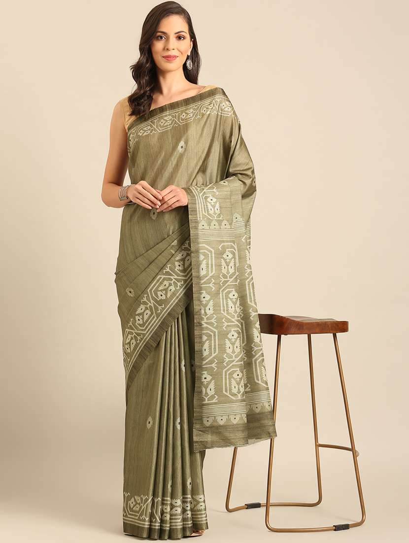 olive cotton printed saree with blouse