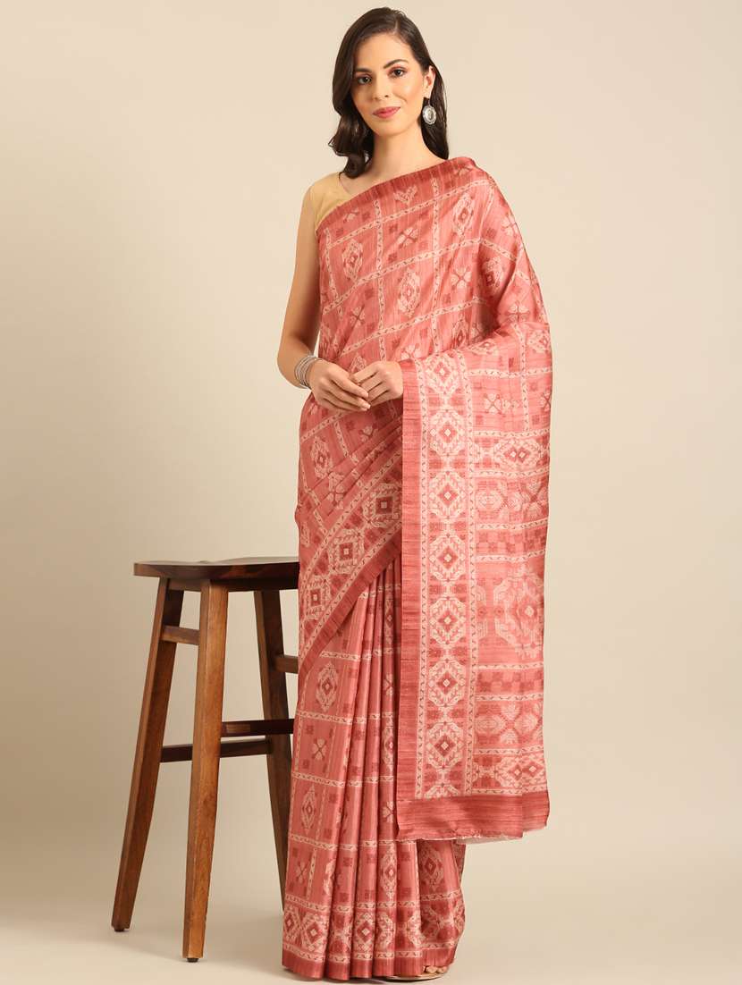 women peach printed saree with blouse