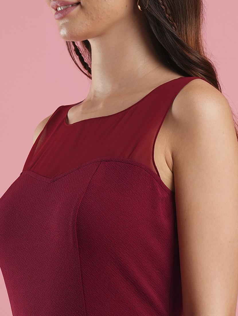 women's maroon illusion neck stylised back smocked bodycon midi party dress - 21486281 - Standard Image - 4