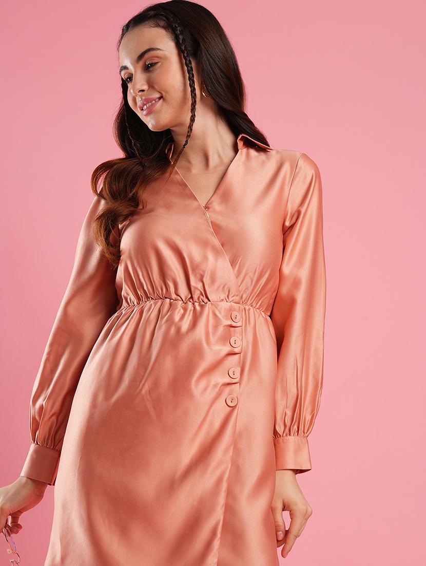 women's peach shirt collar cuffed sleeves hong button detailing wrap workwear dress - 21486287 - Standard Image - 1