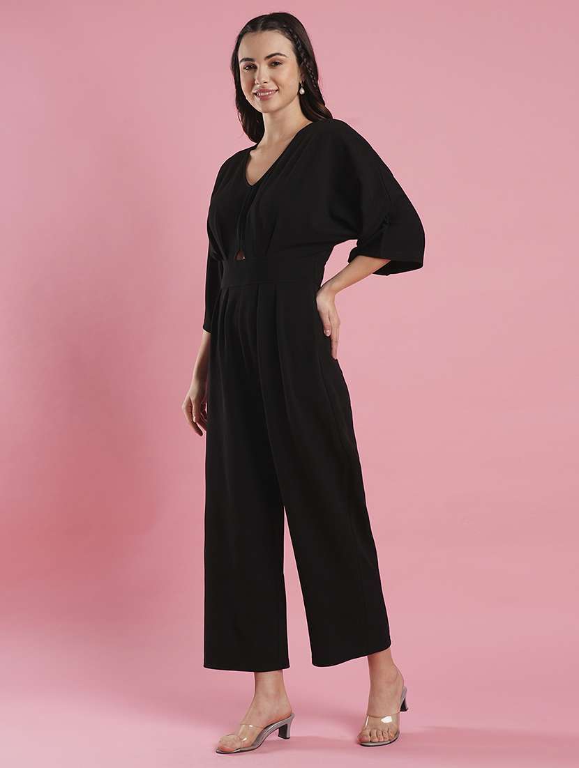 women's black v-neck batwing sleeves cut-out detail long jumpsuit - 21486290 -  Standard Image - 1
