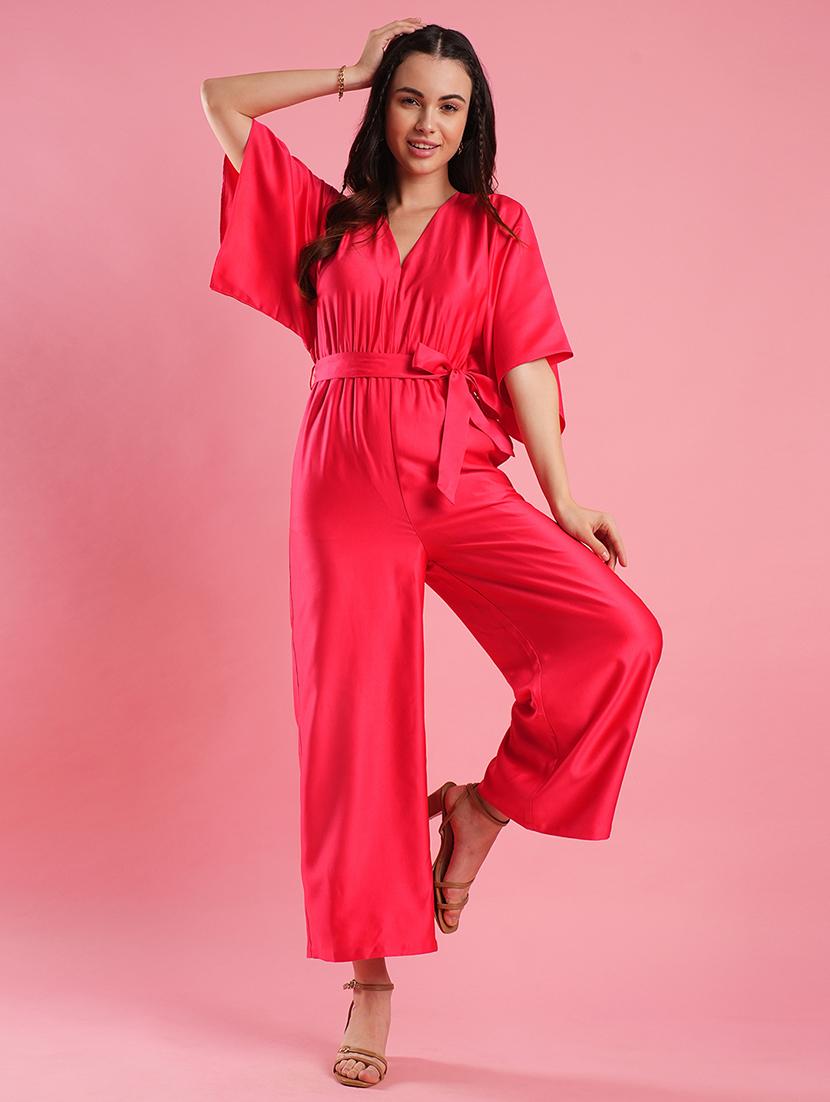 women's pink v-neck kimono style extended sleeves waist tie-up wide leg workwear jumpsuit - 21486291 - Standard Image - 1