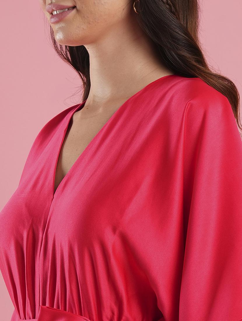 women's pink v-neck kimono style extended sleeves waist tie-up wide leg workwear jumpsuit - 21486291 - Standard Image - 4
