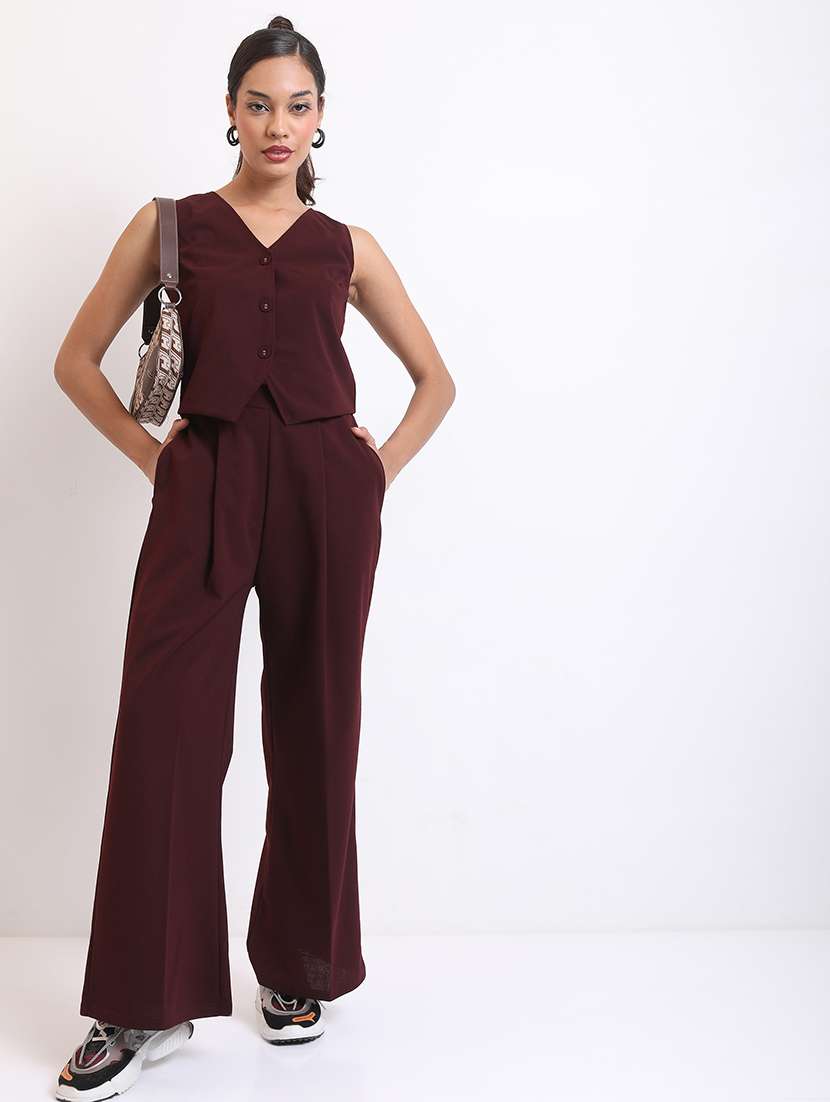 women maroon solids top and trouser co-ords set