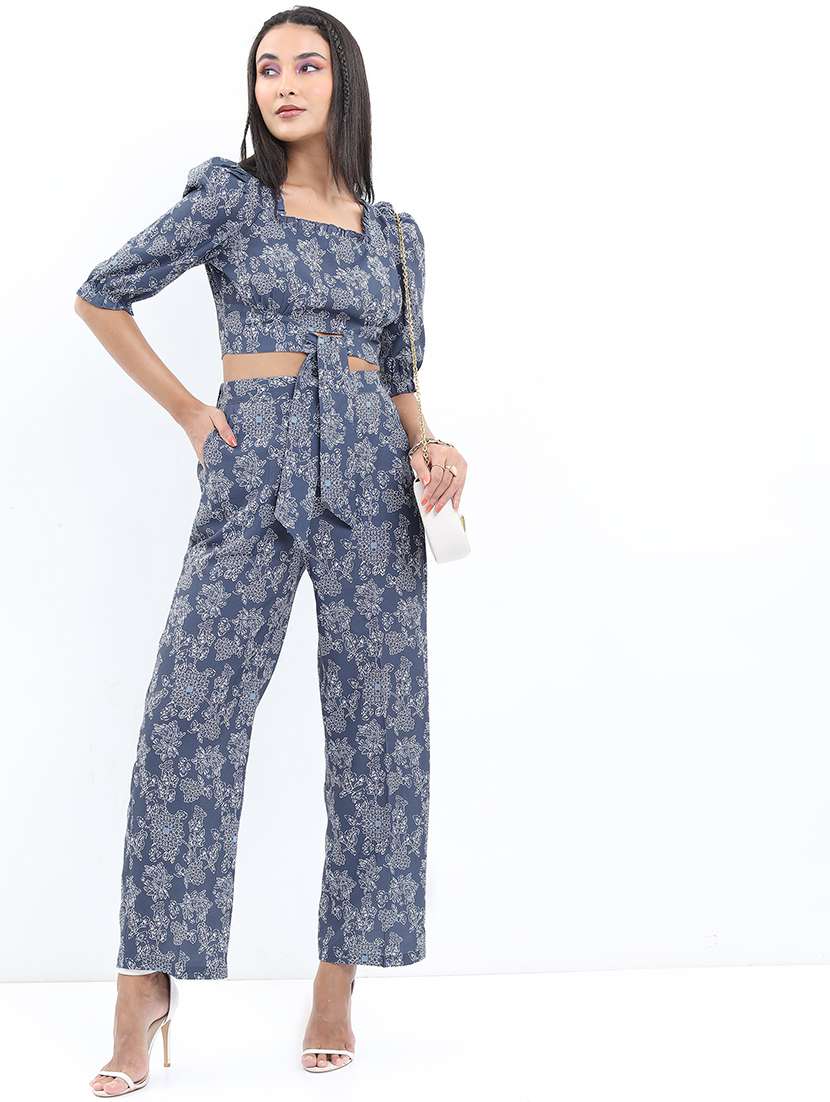 women blue polyester top and trouser co-ord set