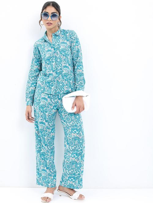 women blue polyester shirt and trouser co-ord set - 21486404 - Standard Image - 0