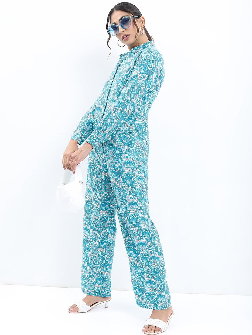 women blue polyester shirt and trouser co-ord set - 21486404 - Standard Image - 1