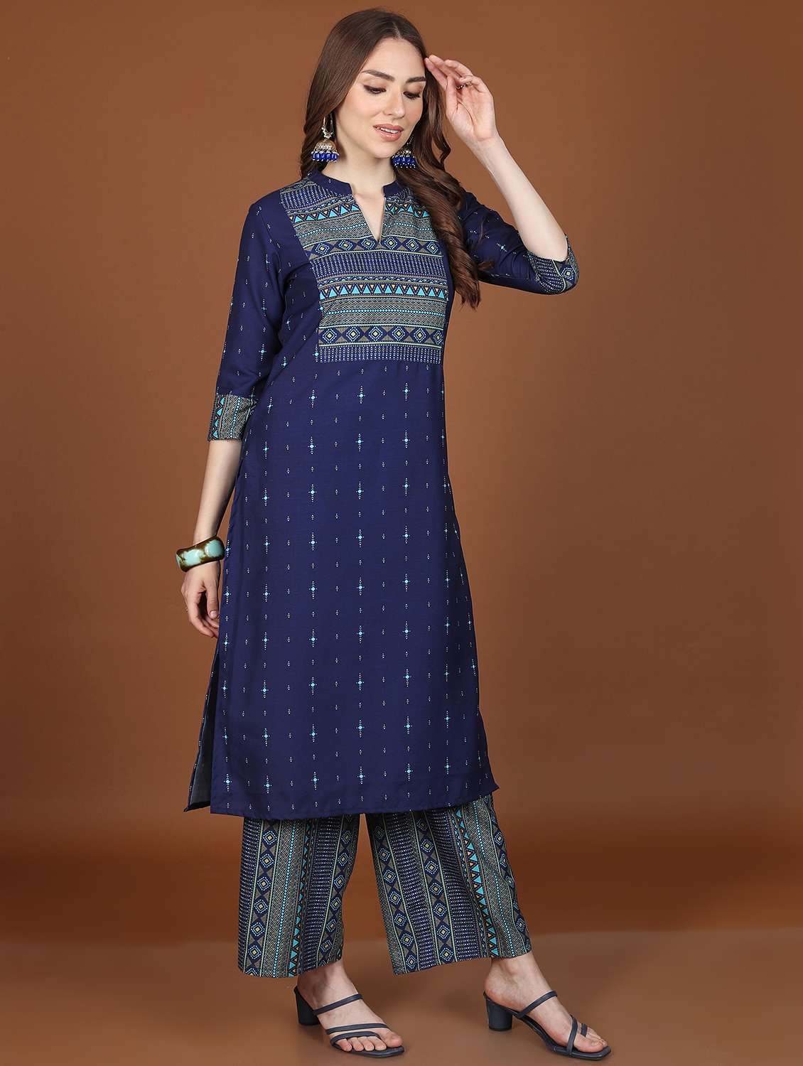women navy blue printed kurta palazzo set - 21486409 -  Standard Image - 1