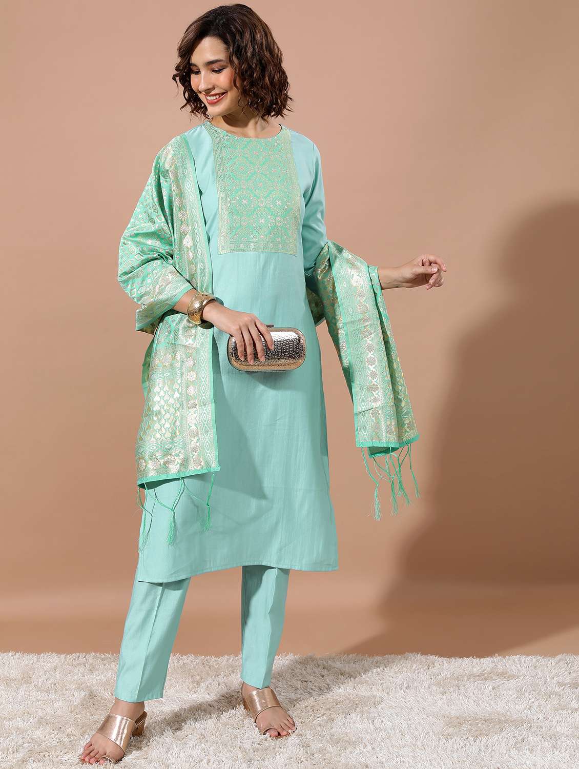 women three quarter sleeve kurta pant with dupatta set