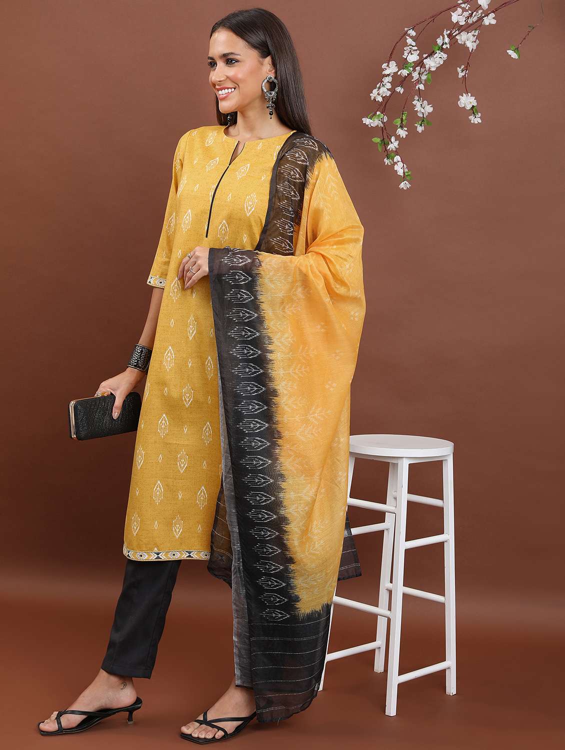 women yellow ikat kurta pant set with dupatta - 21486444 -  Standard Image - 1