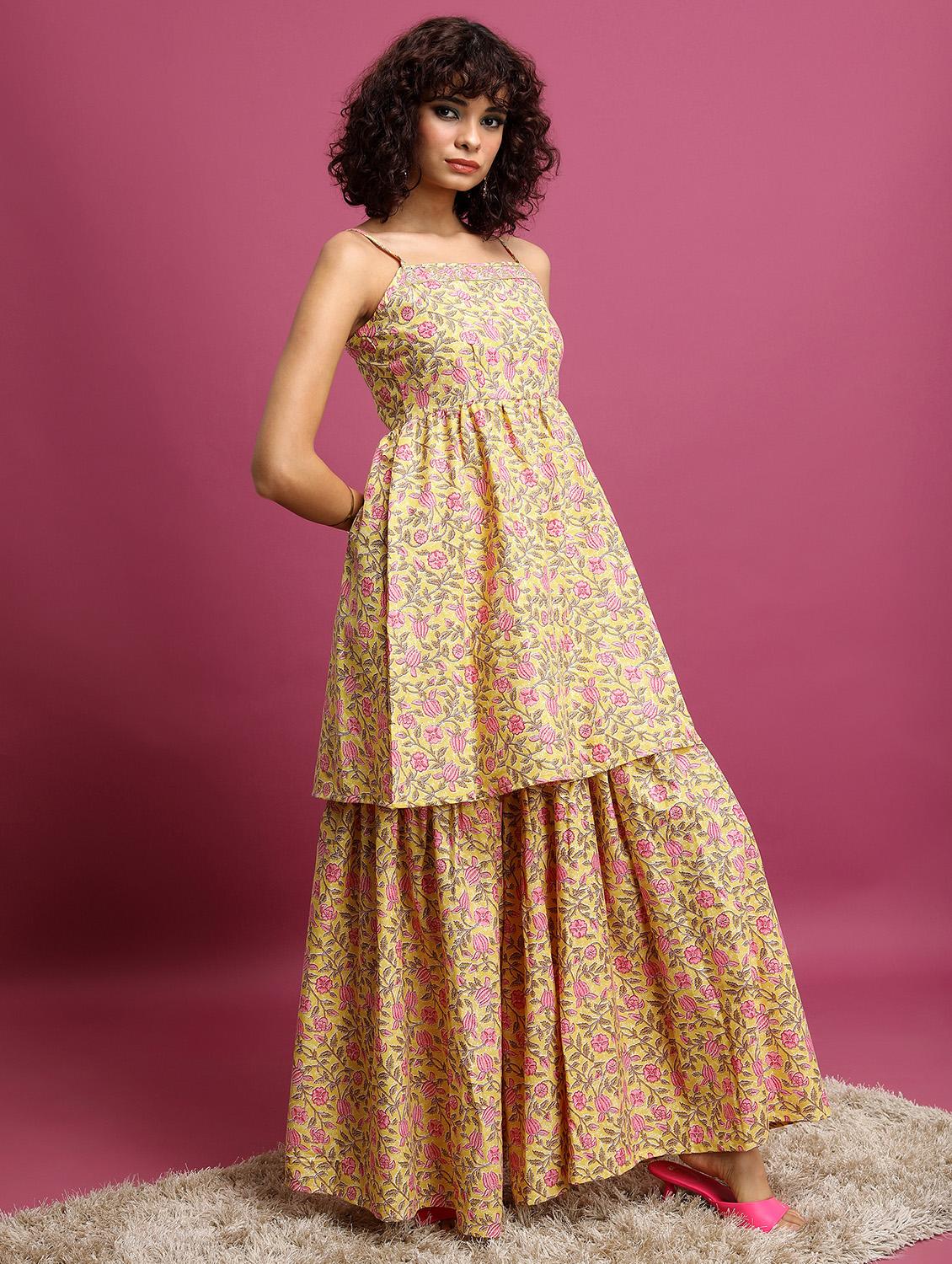women yellow floral printed kurta sharara set - 21486478 - Standard Image - 1