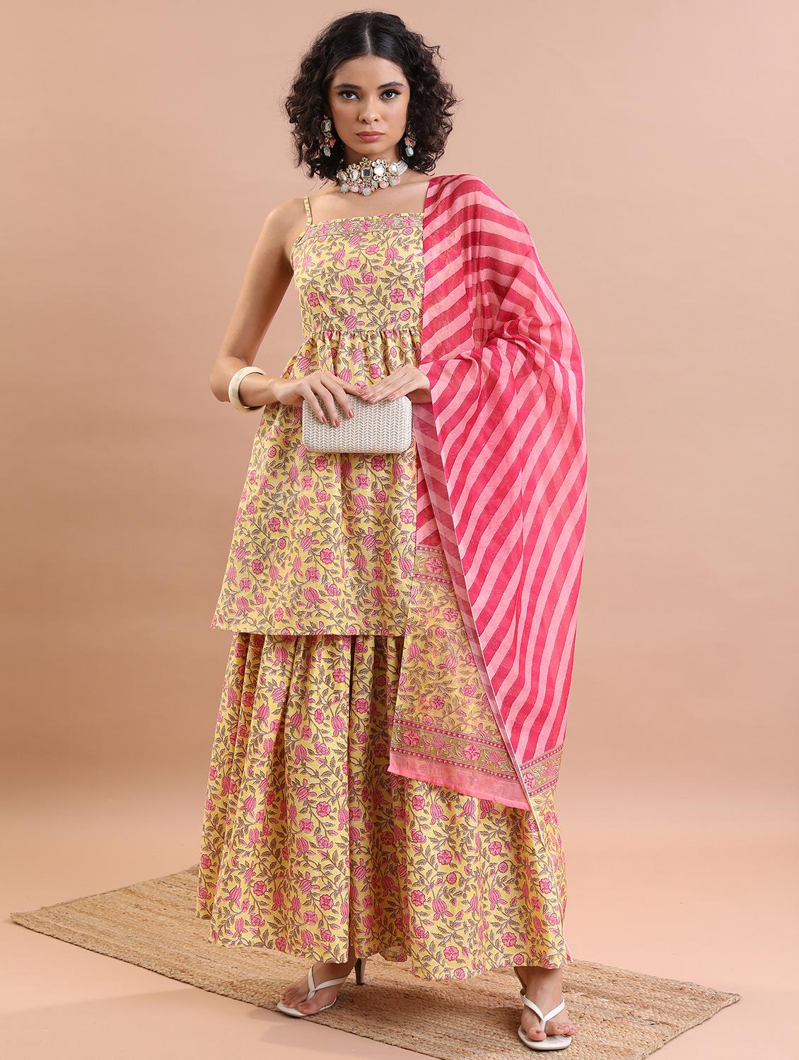 women floral printed kurta sharara set with dupatta