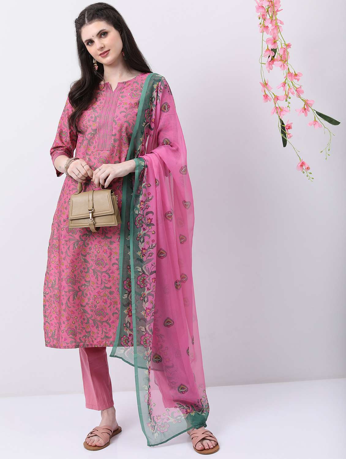 women pink kurta pant set with dupatta