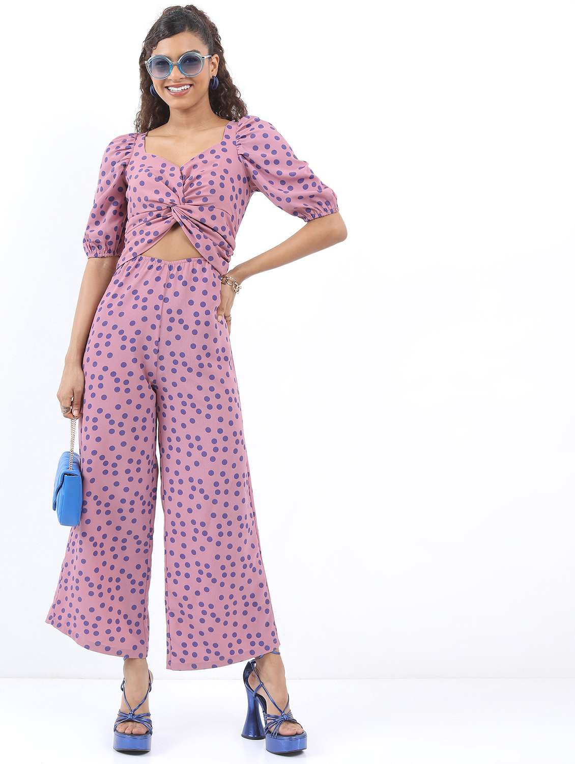 women pink cotton blend full leg jumpsuit