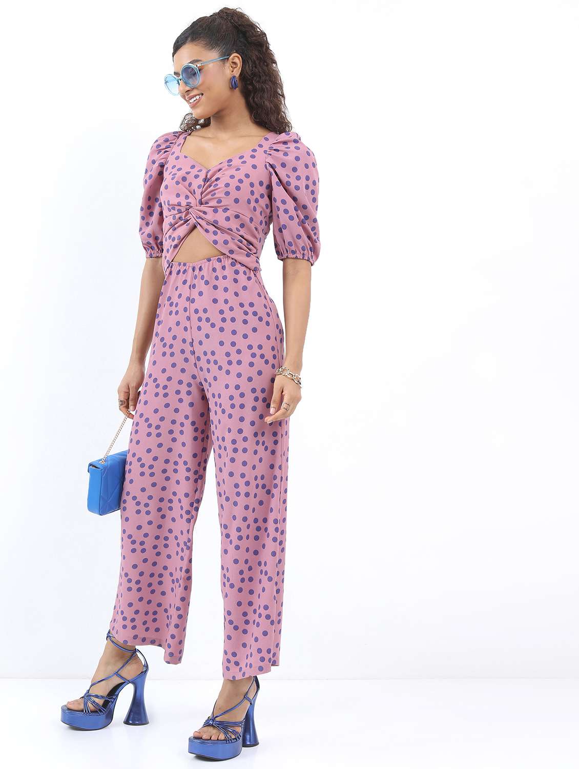 women pink cotton blend full leg jumpsuit - 21486567 - Standard Image - 1