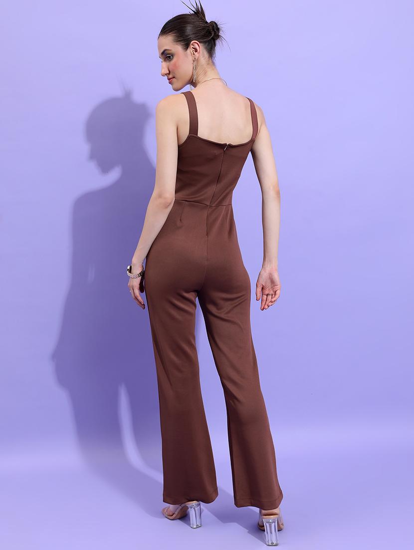 women brown cotton blend full leg jumpsuit - 21486578 - Standard Image - 1