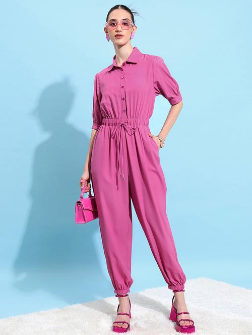 women pink cotton blend full leg jumpsuit - 21486579 -  Standard Image - 0