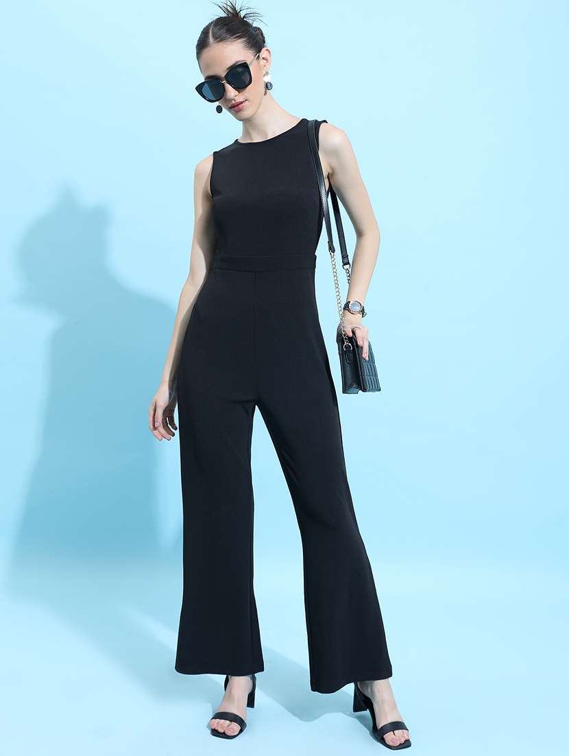 women black cotton blend full leg jumpsuit