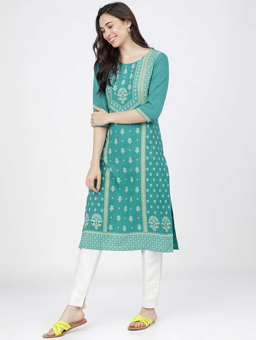 women sea green cotton blend straight kurta - 21486599 -  Standard Image - 1