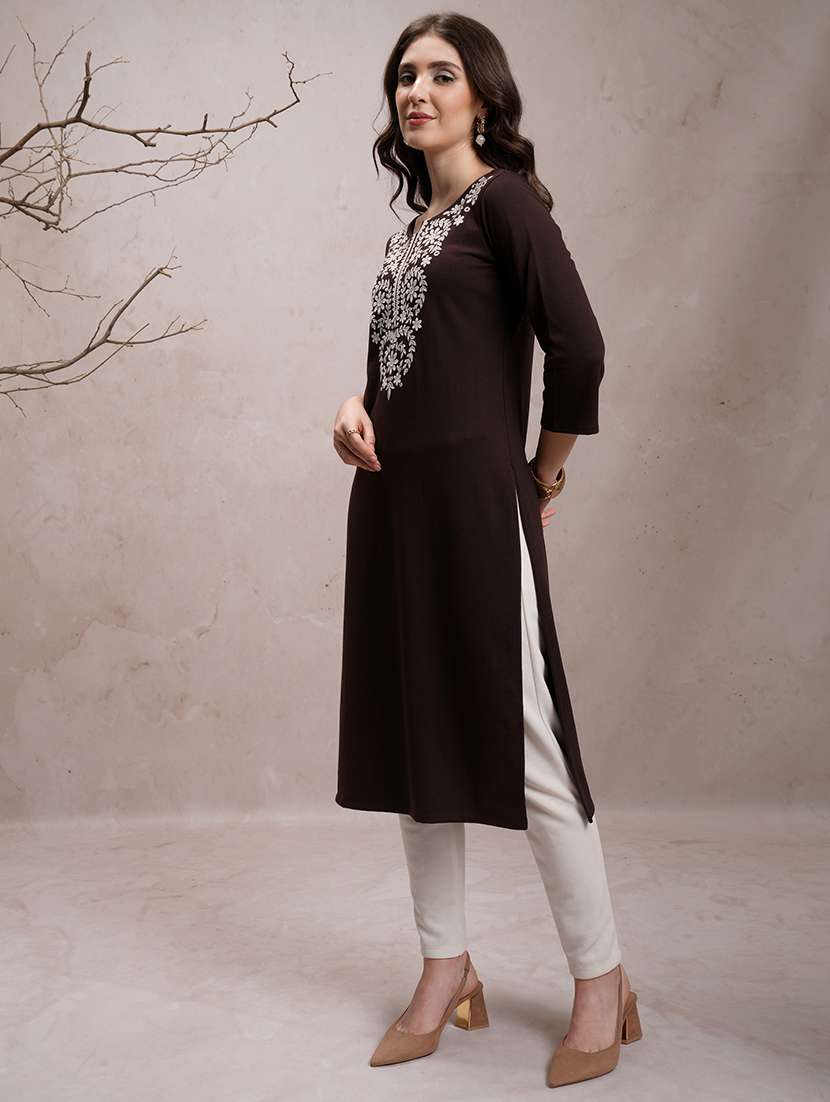 women three quarter sleeve straight kurta - 21486615 -  Standard Image - 1