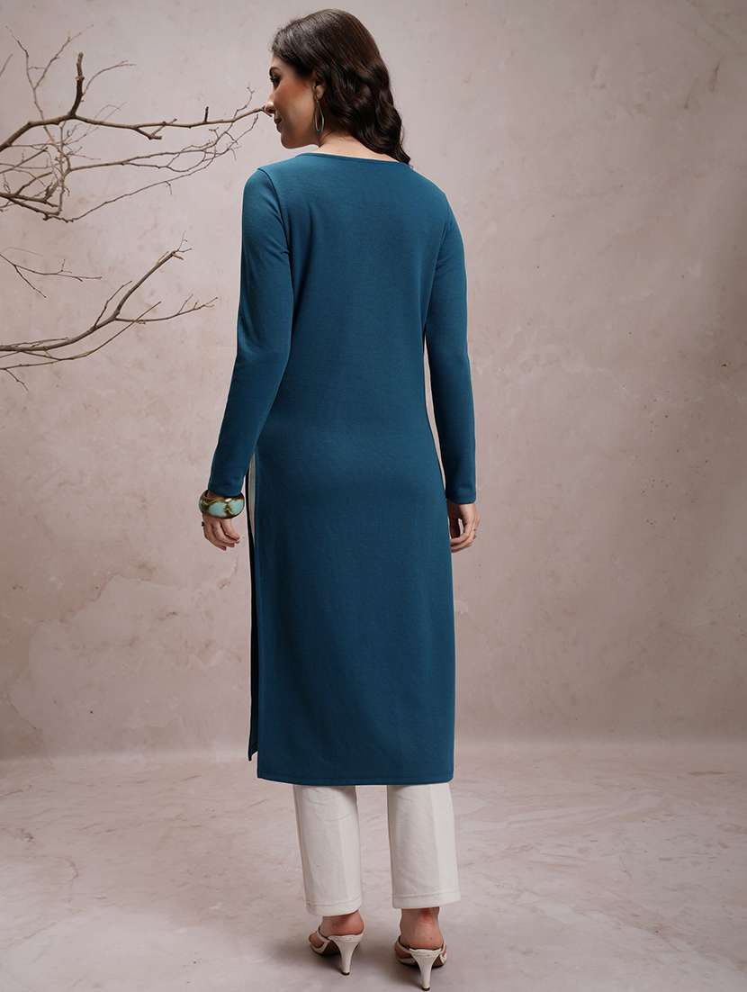 Women Three Quarter Sleeve Embroidered A Line Kurta