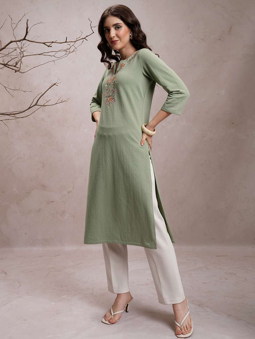 women three quarter sleeve embroidered a-line kurta - 21486625 -  Standard Image - 1