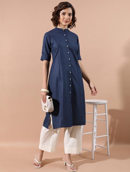 blue solid a-line kurta - 21486633 - Standard Image - 0