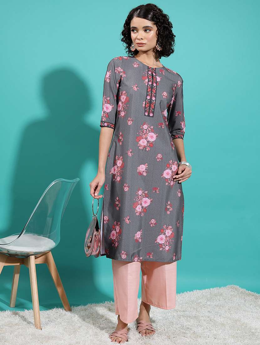 grey floral printed a-line kurta - 21486643 -  Standard Image - 1