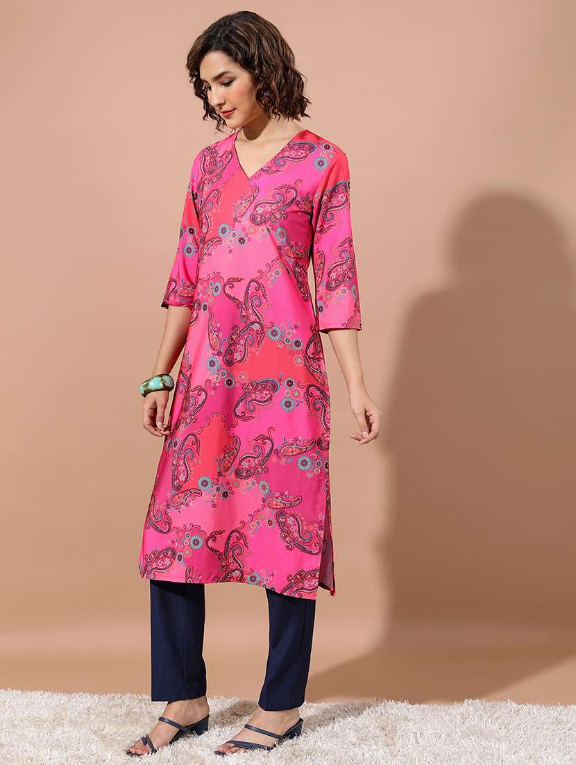 women three quarter sleeve printed kurta - 21486649 -  Standard Image - 1