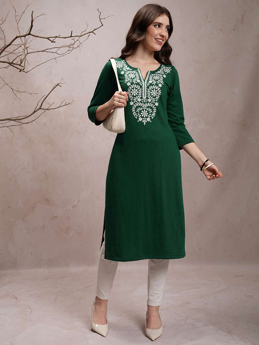 green embroidered a-line kurta