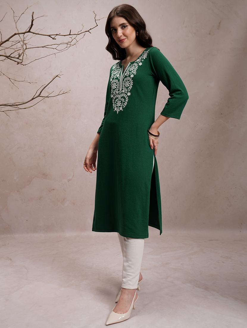 green embroidered a-line kurta - 21486655 -  Standard Image - 1