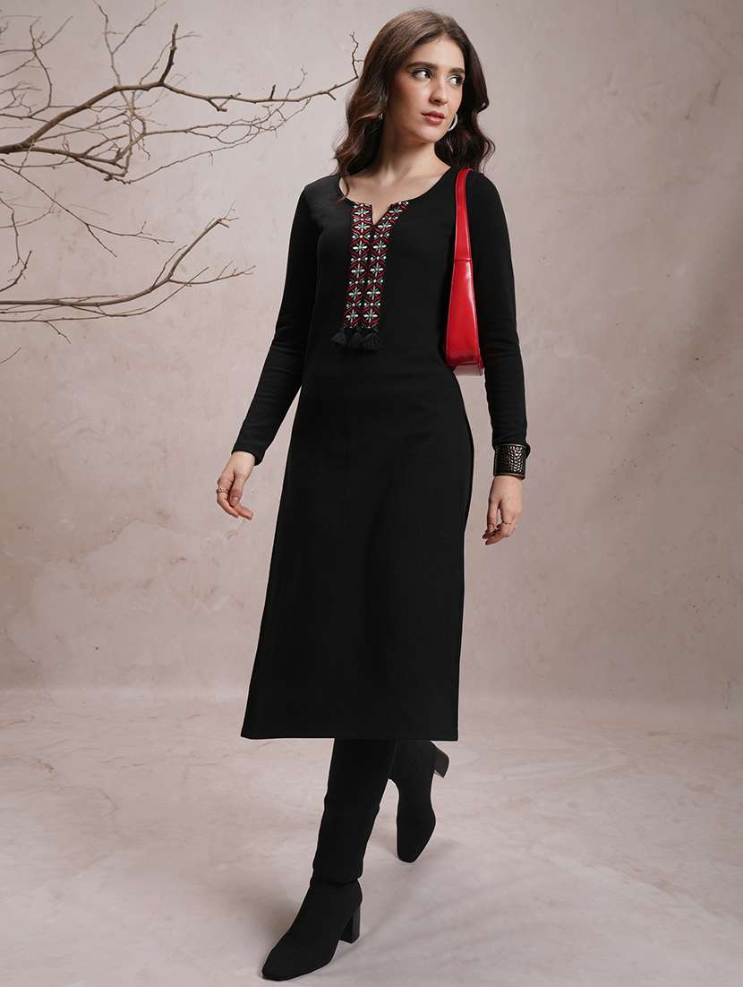 Black Embroidered A Line Kurta