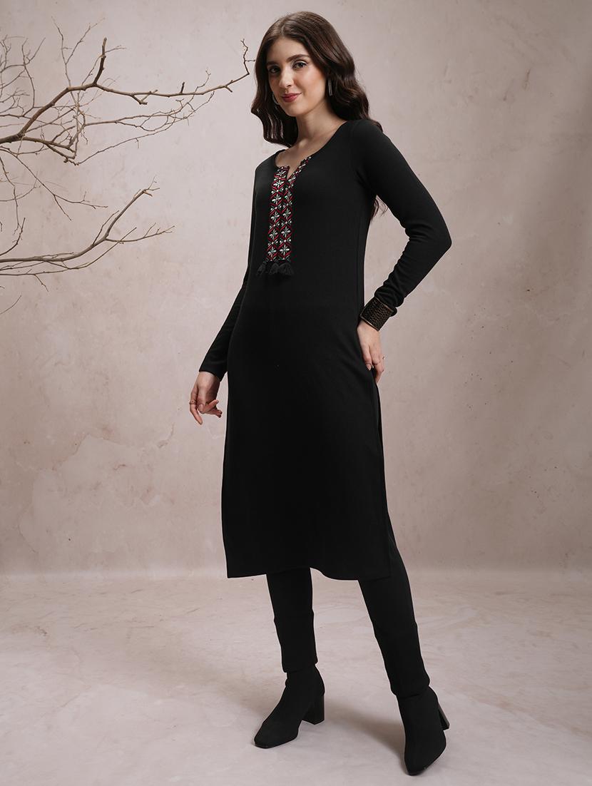 black embroidered a-line kurta - 21486702 -  Standard Image - 1